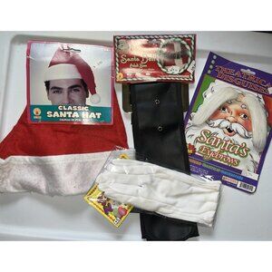 Santa Costume Accessories Set Hat Belt Gloves Eyebrows 4 Piece Lot